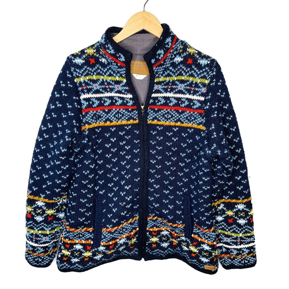 Laundromat Full Zip Jacket Womens XL 100% Wool Knit Geometric Pattern Navy Multi